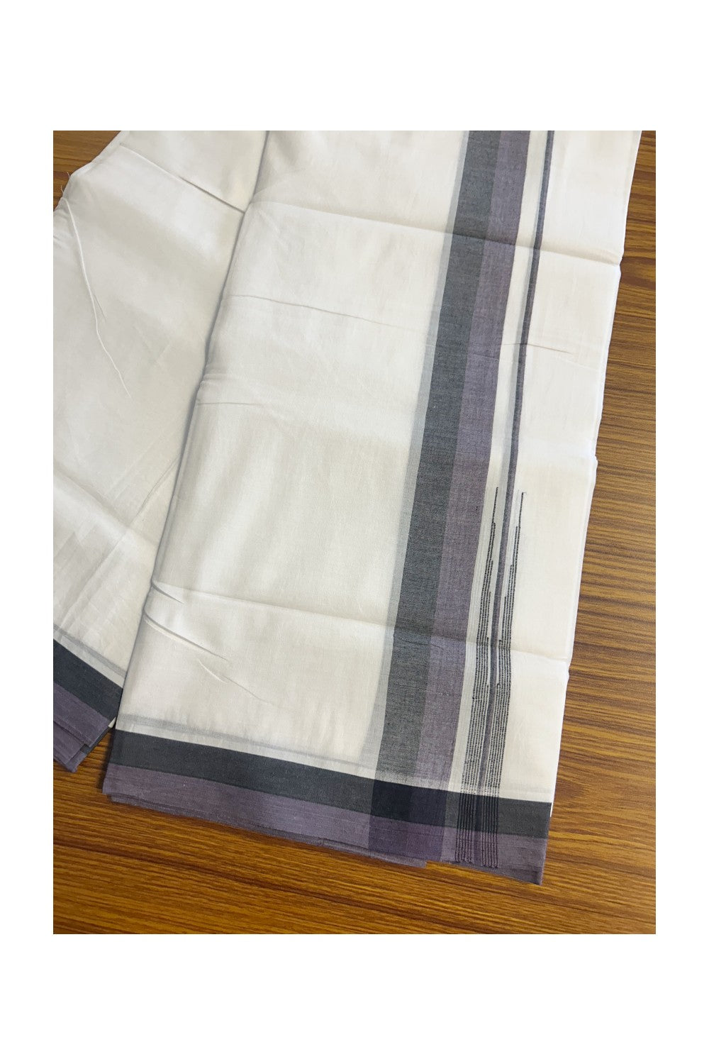 20% Discount!!! KaithariKada Balaramapuram  Double PURE WHITE Mundu/Dhoti - 80X90 - 1.75 inch Black & Matte Purple shade puliyilakkara striped chutty - 4KK5146GUN