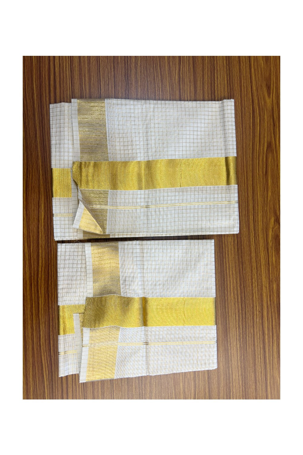 25% Discount!! KaithariKada - Kerala Pure Cotton OFF WHITE Single Set Mundu - EXTRA LENGTH -  Check Gold Kasavu Big Kara - 5KK5152PMC