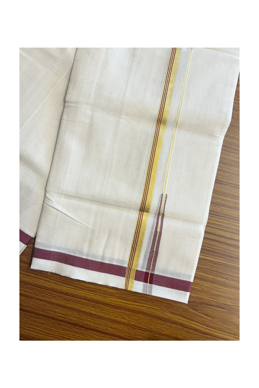 30% DISCOUNT!! KaithariKada HANDLOOM Millpaav Balaramapuram - 100% PURE Cotton OFF White Double- (Unbleached) Mundu/Dothi - 0.5 inch Puliyilakkara side stripes MAROON & Gold kasav chutty Kara - 5KK5156YAR