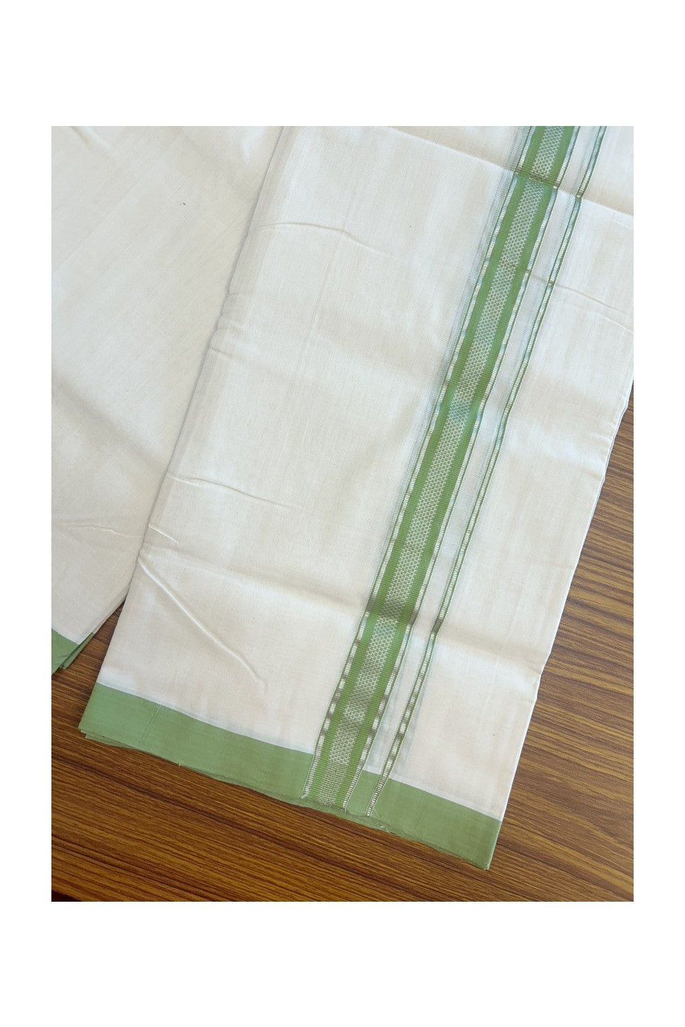 27% DISCOUNT! KaithariKada BALARAMAPURAM HANDLOOM UNAKKUPAAV - 100% PURE Cotton Off white (Unbleached) Double Mundu/Dhoti - 1 inch Silver Kasavu &  Light Green Kara (8 Muzham) - 21KK5161SOM