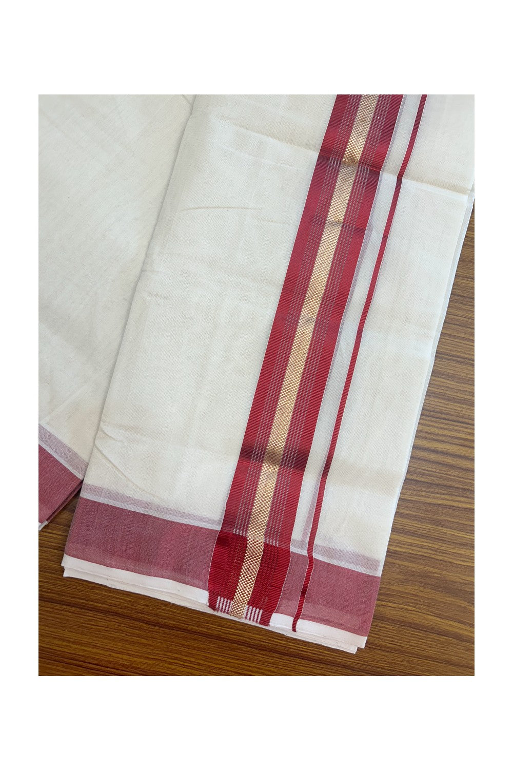 27% DISCOUNT!! KaithariKada HANDLOOM millpaav Balaramapuram - 100% PURE Cotton OFF White - (Unbleached) Double Mundu/Dothi - 2 inch Red colour kasavu  & Gold Kasavu Striped kara - 10KK5162RAM