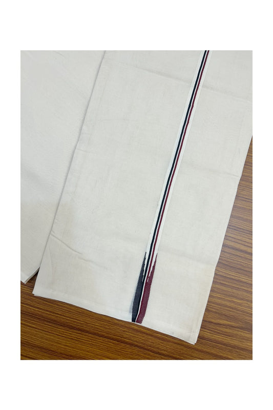 AIADMK VESHTI - 16% DISCOUNT! KaithariKada 100% Cotton off white Double - (Unbleached) Mundu/Dhoti - 100X100 - 0.75 inch Black White & Maroon Chutty kara- 5KK5165ASH