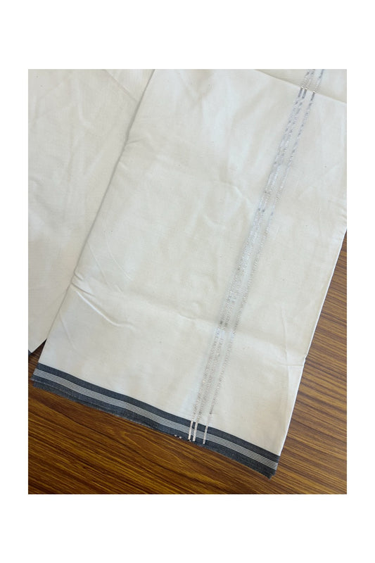 25% DISCOUNT ! KaithariKada Balaramapuram 100% COTTON SINGLE OFF WHITE - (Unbleached) Mundu/Dhoti-Twisted 100s Thread- 0.75 inch Silver Striped Kara (2 meter / 4 muzham)  - 5KK5166ASH