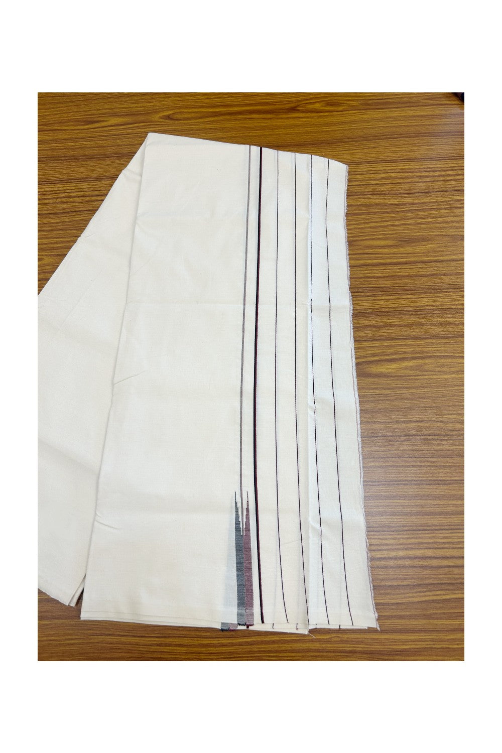 DMK Veshti - 31% Discount !! &nbsp;KaithariKada Balaramapuram 100% COTTON SINGLE OFF WHITE- (Unbleached) Mundu/Dhoti-100X100 - 6 inch Puliyilakkara Striped Maroon & Black Chutty (2 meter / 4 muzham) - 5KK5168ASH