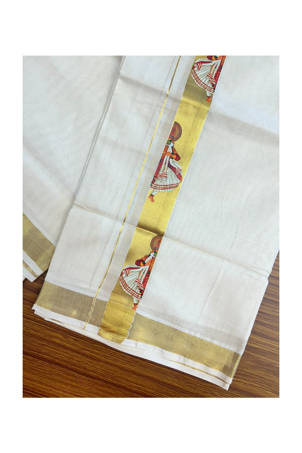 23% Discount!! KaithariKada Balaramapuram Mixed Cotton DOUBLE OFF WHITE - (Ubleached) Mundu/Dhoti - 80x72 - 1.25 inch Kasavu & Kathakali Printed Design Kara - 5KK5171GAN