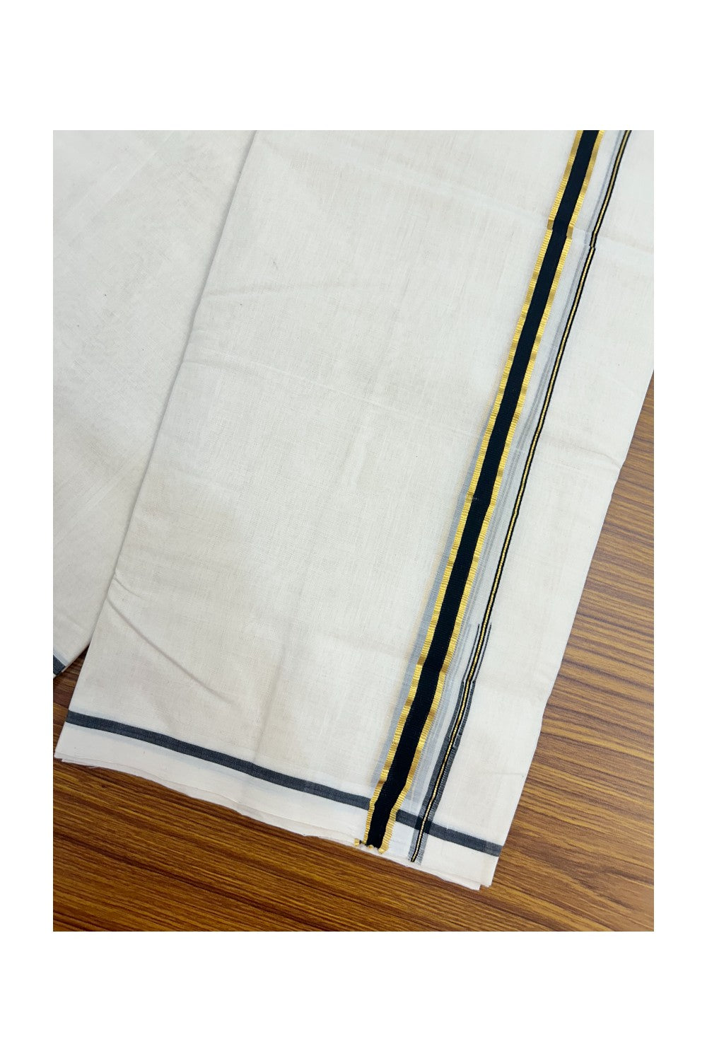 25% DISCOUNT!! KaithariKada HANDLOOM MILLPAAV Balaramapuram - 100% PURE Cotton OFF White Double - (Unbleached) Mundu/Dothi - 100x100 - 0.75 inch Black & Gold Kasavu chutty - 5KK5175RAM