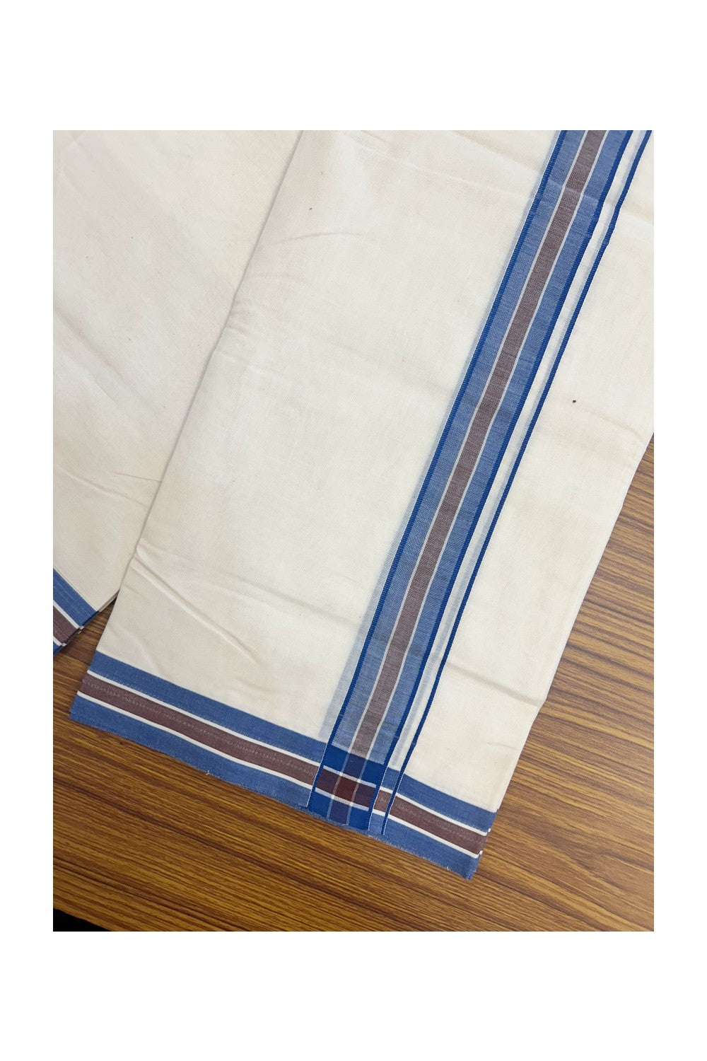 15% Discount KaithariKada Balaramapuram 100% Cotton Double Off white - (Unbleached) - Mundu/Dhoti - 100x100 - 1.5 inch Blue & Brown Striped Kara - 5KK5178ASH