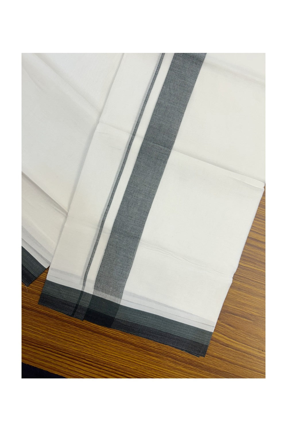 20% Discount ! Kaitharikada Balaramapuram 100% Cotton PURE WHITE Double Mundu/Dothi - 100x80 - 1.5 inch Dark Ocean Green & Black Striped Kara - 5KK5183VIN