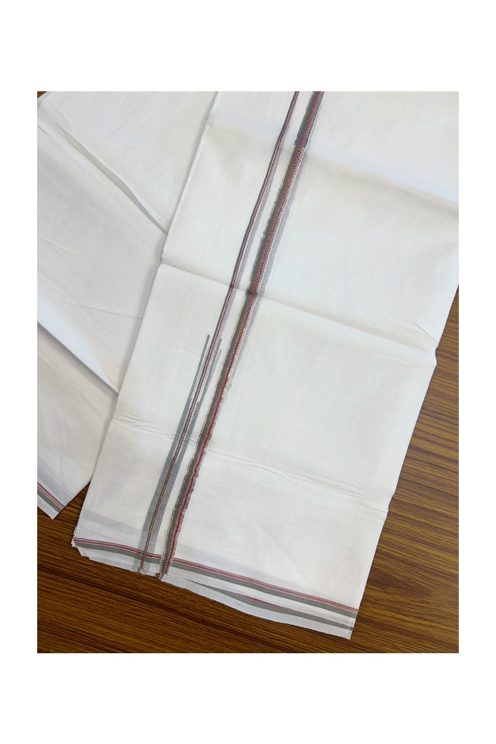 20% Discount !! Kaitharikada Balaramapuram 100% Cotton PURE WHITE DOUBLE Mundu/Dothi- 100X80 Thread - 0.25 inch - Silver Kasavu Red & Light Olive Green Design Chutty Kara - 5KK5184RAMS