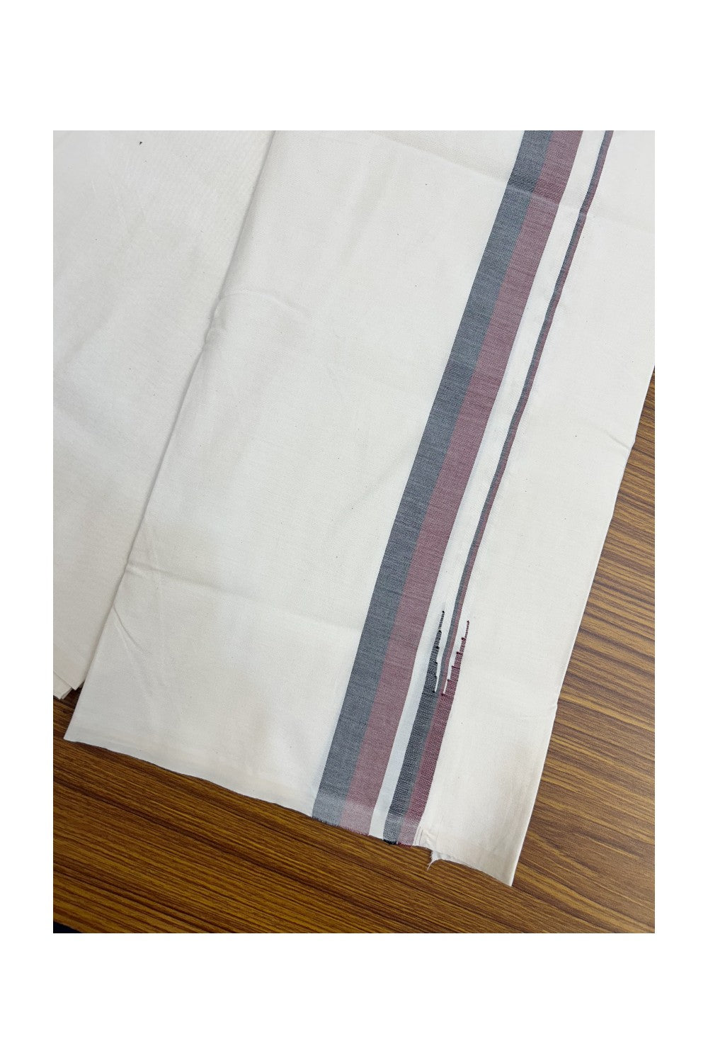 DMK Veshti - 20% Discount !! KaithariKada Balaramapuram 100% COTTON SINGLE OFF WHITE- (Unbleached) Mundu/Dhoti-100X100 -1.25 inch Puliyilakkara Maroon & Black Shaded Chutty (2 meter / 4 muzham) - 5KK5185ASH