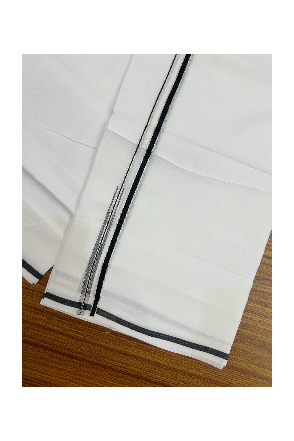 20% Discount !! Kaitharikada Balaramapuram 100% Cotton PURE WHITE Double Mundu/Dothi - 100x80 - 0.25 inch Silver Kasavu & Black Chutty Kara - 5KK5191CKS