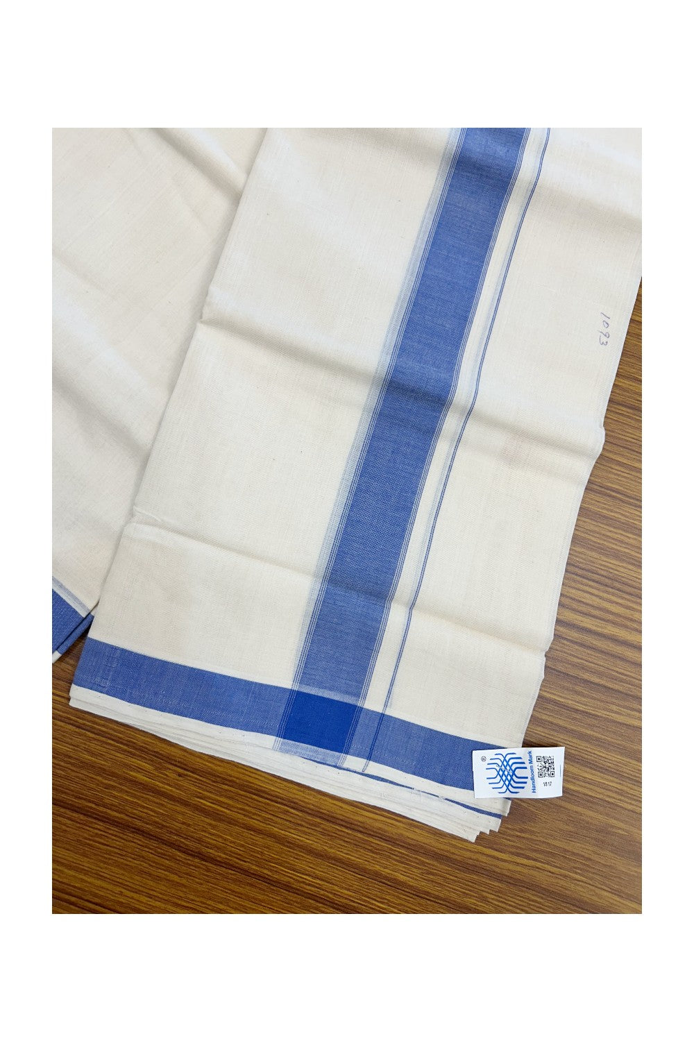 25% Discount KaithariKada HANDLOOM Unakkupaav Balaramapuram - 100% PURE Cotton off white (Unbleached) Double Mundu/Dhoti - 80X90 - 1.75 inch Blue Stripes Kara 3.80 mtr - 5KK5192ELA