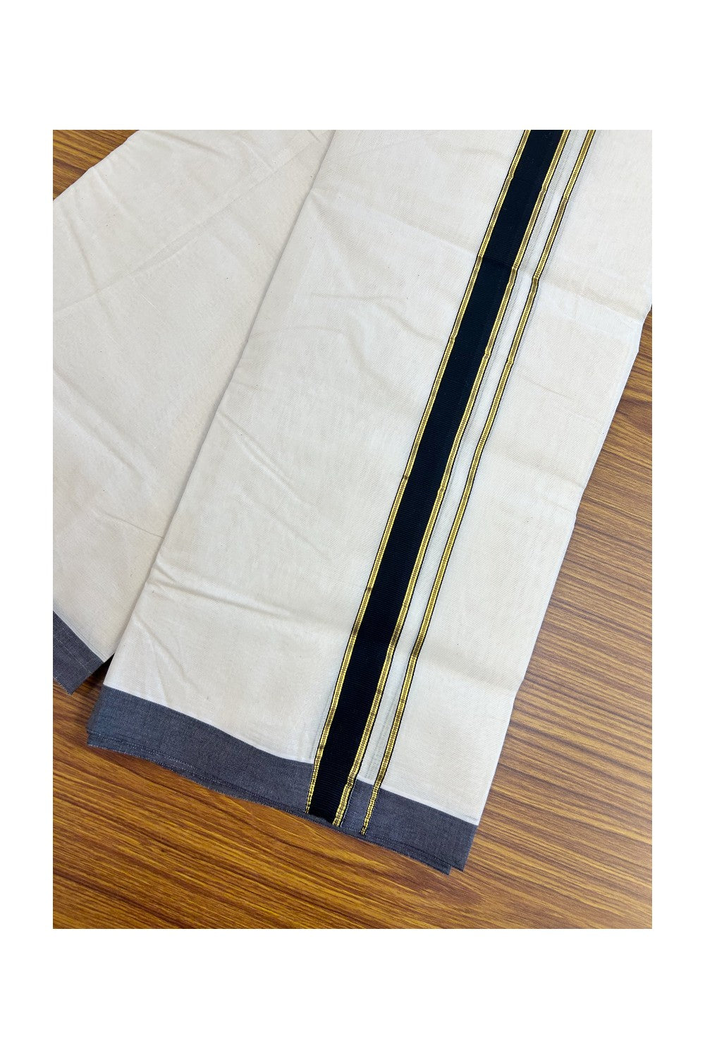 20%Discount KaithariKada Balaramapuram 100% Cotton Double Off white - (Unbleached) - Mundu/Dhoti-100x80 - 1 inch Black & Gold Kasavu Striped Kara 3.75 mtr (8 Muzham)- 5KK5198ASH