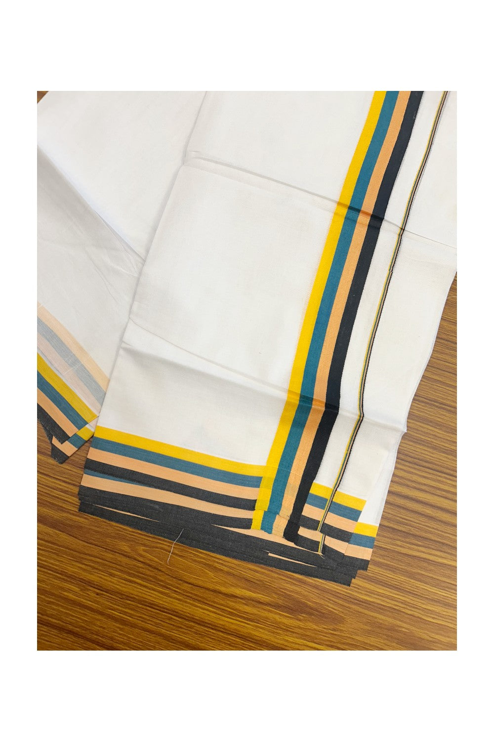 21% DISCOUNT ! KaithariKada Balaramapuram 100% Cotton Pure white Double  Mundu/Dhoti - 100X90 - 1.75 inch Multi Colour kara - 5KK5202PMC