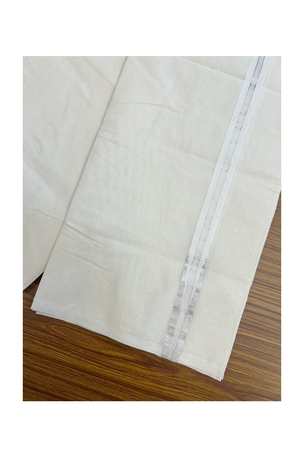 20% Discount! KaithariKada Balaramapuram 100% Cotton Double Off white - (Unbleached) Mundu/Dhoti-(100X100)- 0.75 inch Puliyilakkara Silver Striped Chutty Kara- 5KK5207ASH