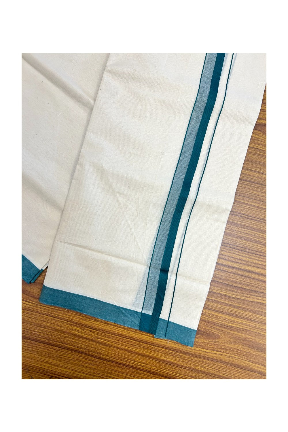 24% Discount ! KaithariKada Balaramapuram 100% Cotton Double OFF WHITE- (Unbleached) - Mundu / Dhoti- 100x80 - 1.5 inch Dark Green Kara - 5KK5214 MC