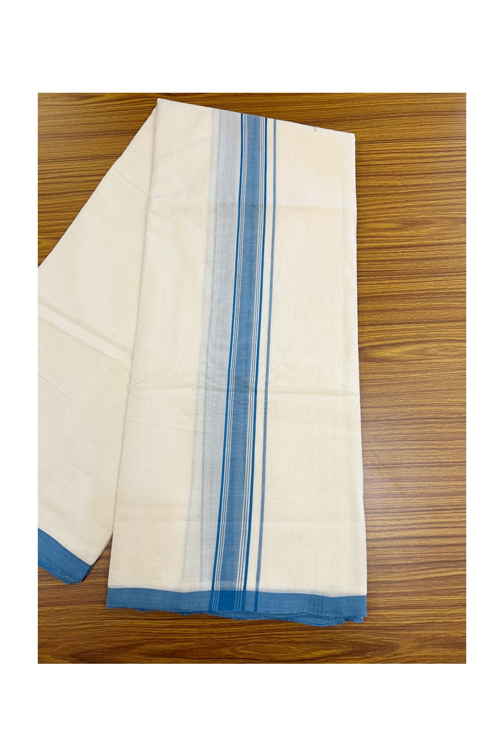 PREMIUM HANDLOOM-20% DISCOUNT! KaithariKada  Cotton OFF White - 100x80 thread-  NORTH INDIAN ATTACHED GAMCHA - 9X5 & 10X6 muzham Dhoti - 1.5 inch Blue Border - 5KK5223VEL