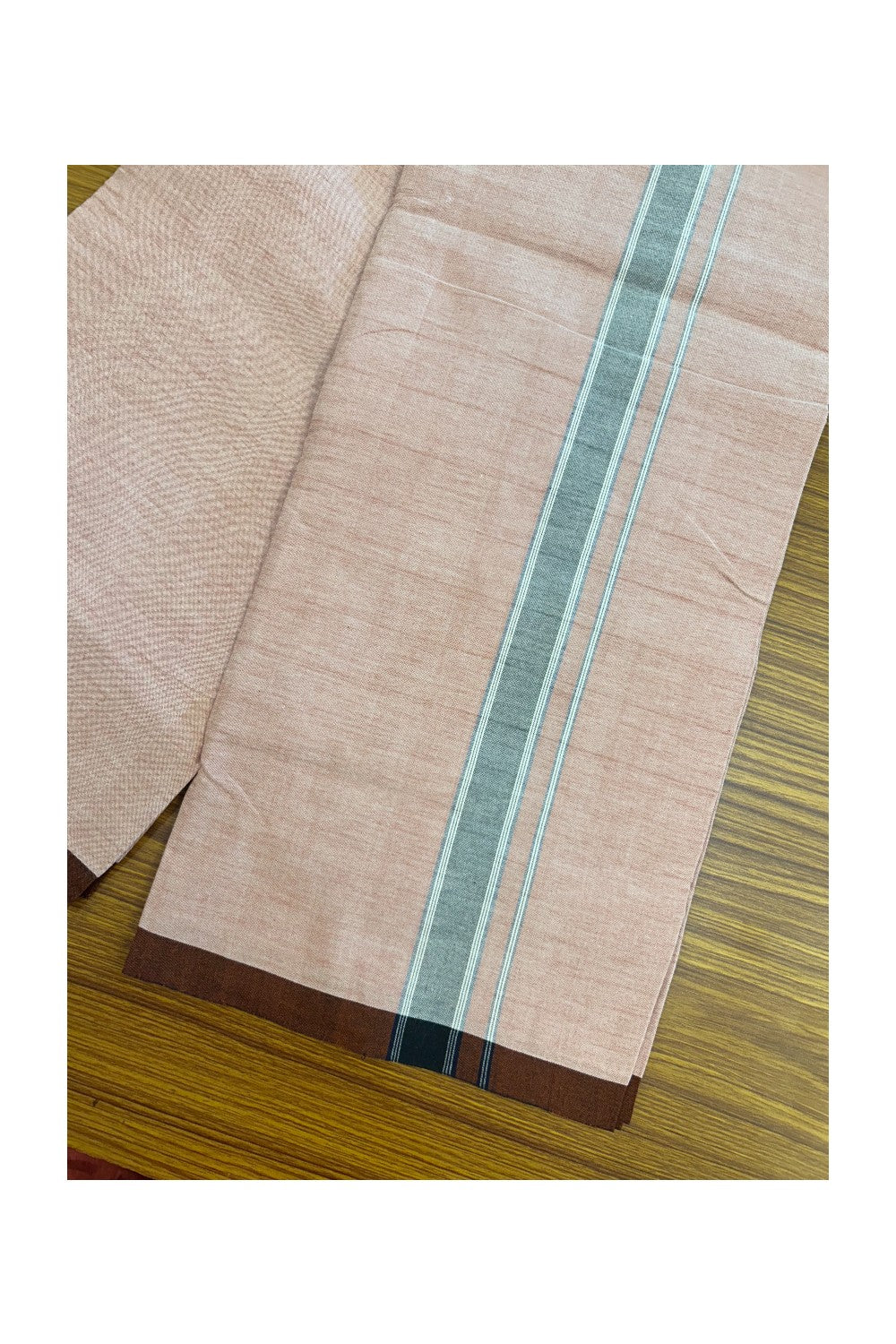 25% Discount ! KaithariKada 100% Cotton Balaramapuram HANDLOOM Single Mundu/Dhoti - Dark Peach Shaded COLOUR BODY & 1.25 inch Navy Blue White Striped Kara (2 meter / 4 muzham) - 5KK5225KAI