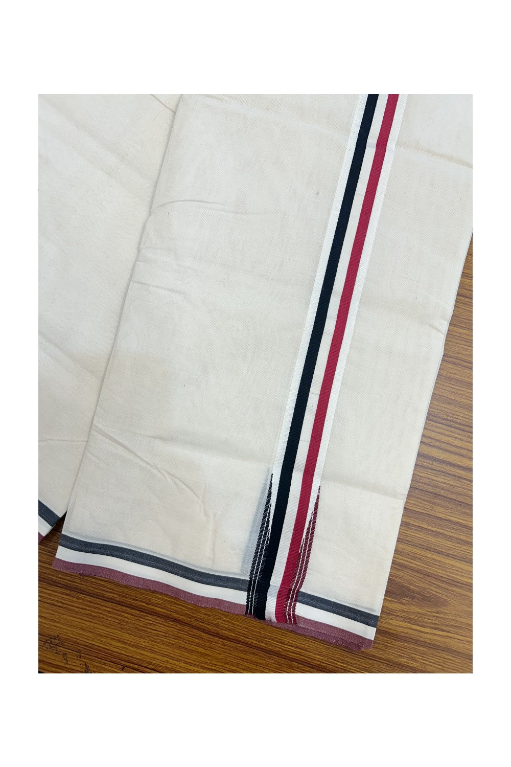 ADMK VESHTI - 20% DISCOUNT! KaithariKada 100% Cotton off white Double - (Unbleached) Mundu/Dhoti - 100X100 - 1.5 inch Black White & Maroon Red Wings Chutty kara - 5KK5226 ASH