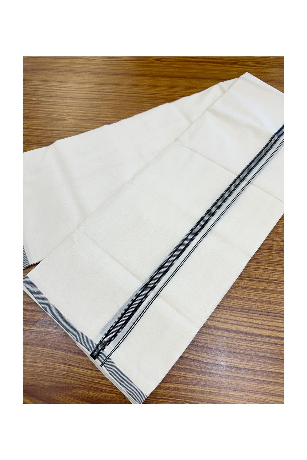 25% Discount! KaithariKada HANDLOOM UNAKKUPAAV Balaramapuram - 100% PURE Cotton OFF WHITE (Unbleached) Double Mundu/Dhoti - 80x90 - 0.5 inch Muthukkuri Silver striped black kara  4 Mtr (8.5 Muzham) - 5KK5235 YAR