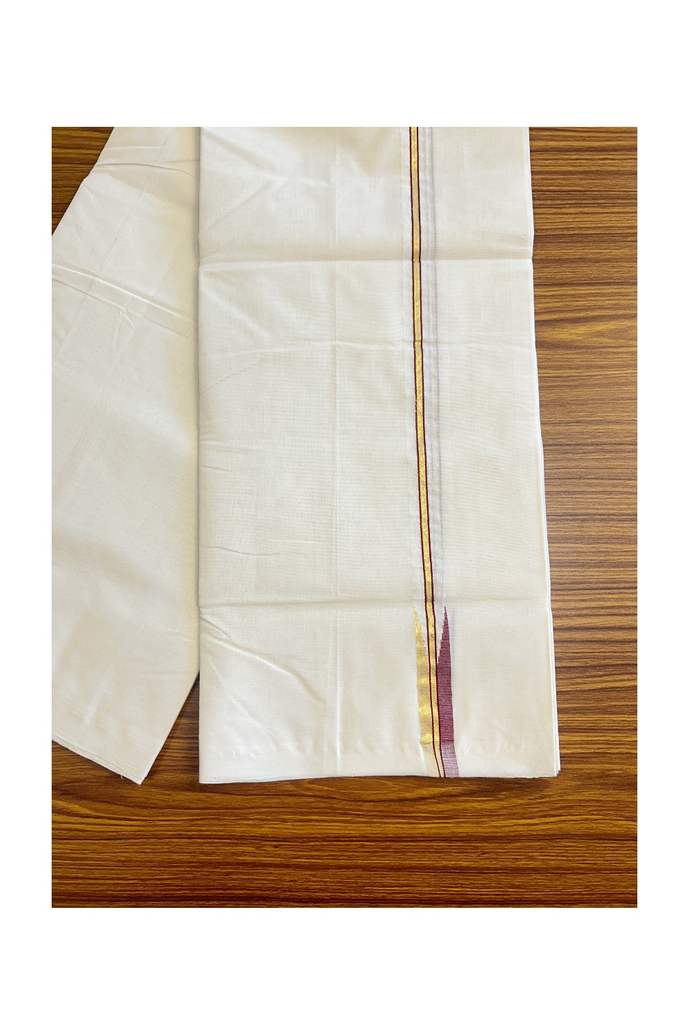 30% DISCOUNT!! KaithariKada HANDLOOM MILLPAAV Balaramapuram - 100% PURE Cotton OFF White - (Unbleached)  Double Mundu/Dothi - 2 cm Kasavu & Red Chutty Puliyilakkara - 5KK65RAM