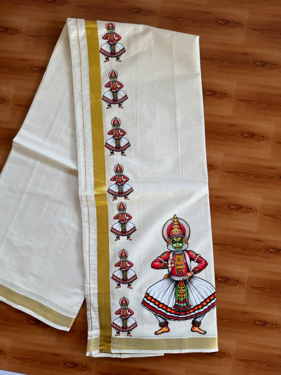 Double Off White - Kathakali Print - (Unbleached) Mundu/Dhoti- 20% Discount!! KaithariKada Mixed Cotton 60s - 1 inch Gold Kasav with Printed Design Kara - 7 KK5474 GAN