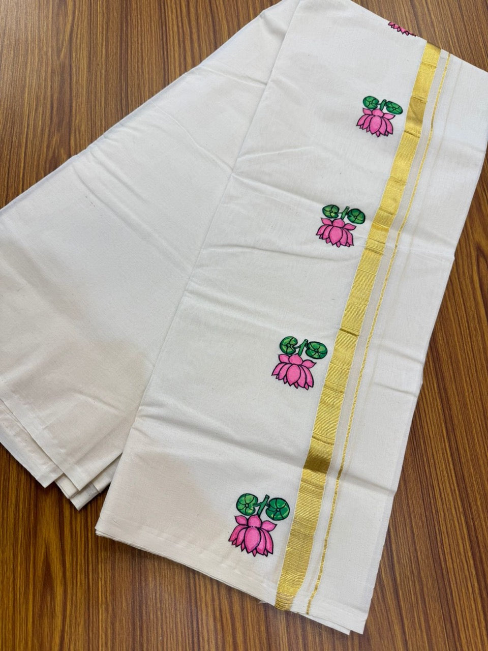 KaithariKada Balaramapuram 100% Cotton Double Off white - (Unbleached) Mundu/Dhoti-100x80 - 0.75 inch Hand Painted Gold Kasav Pink Lotus Design Kara 3.75 mtr (8 muzham) - 7 KK5244 ASH