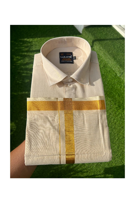 NEW! Kaitharikada Special - Art Silk Men's Shirt & Dhoti Set - Kasavu Shaded Full Sleeve shirt and Kasavu Shaded Dhothi with Kasavu Kara- 5KK6003SAR.