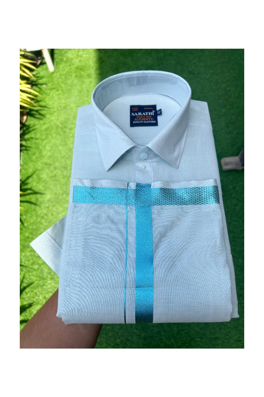 NEW! Kaitharikada Special - Art Silk Men's Shirt & Dhoti Set - Light Blue Shaded Half Sleeve shirt and Light Blue Shaded Dhothi with Light Blue Kasavu Kara - 5KK6004SAR.