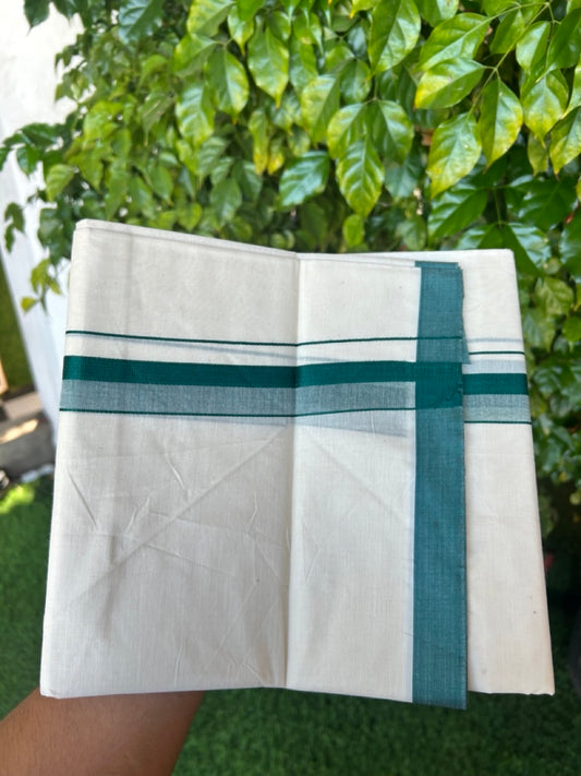 24% Discount ! KaithariKada Balaramapuram 100% Cotton Double OFF WHITE- (Unbleached) - Mundu / Dhoti- 100x80 - 1.5 inch Dark Green Kara - 5KK5214 MC
