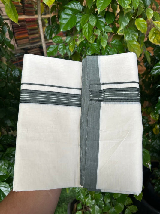 25% DISCOUNT!! KaithariKada HANDLOOM UNAKKUPAAV Balaramapuram - 100% PURE Cotton OFF White Double - (Unbleached)- Mundu/Dothi - Ash Green Black White Kara 4.5 Meters (10 Muzham) - 50 KK5249 REA