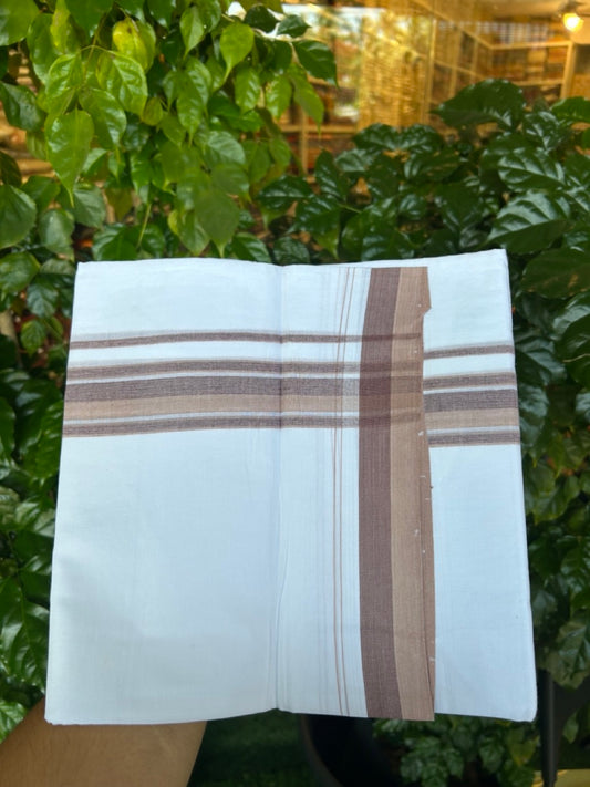 20% Discount ! NEW! KaithariKada Balaramapuram 100% Cotton Pure white Double Mundu/Dhoti - (100x80)s - 1.5 inch Brown Violet Stripes Kara - 50 KK5249 VIN