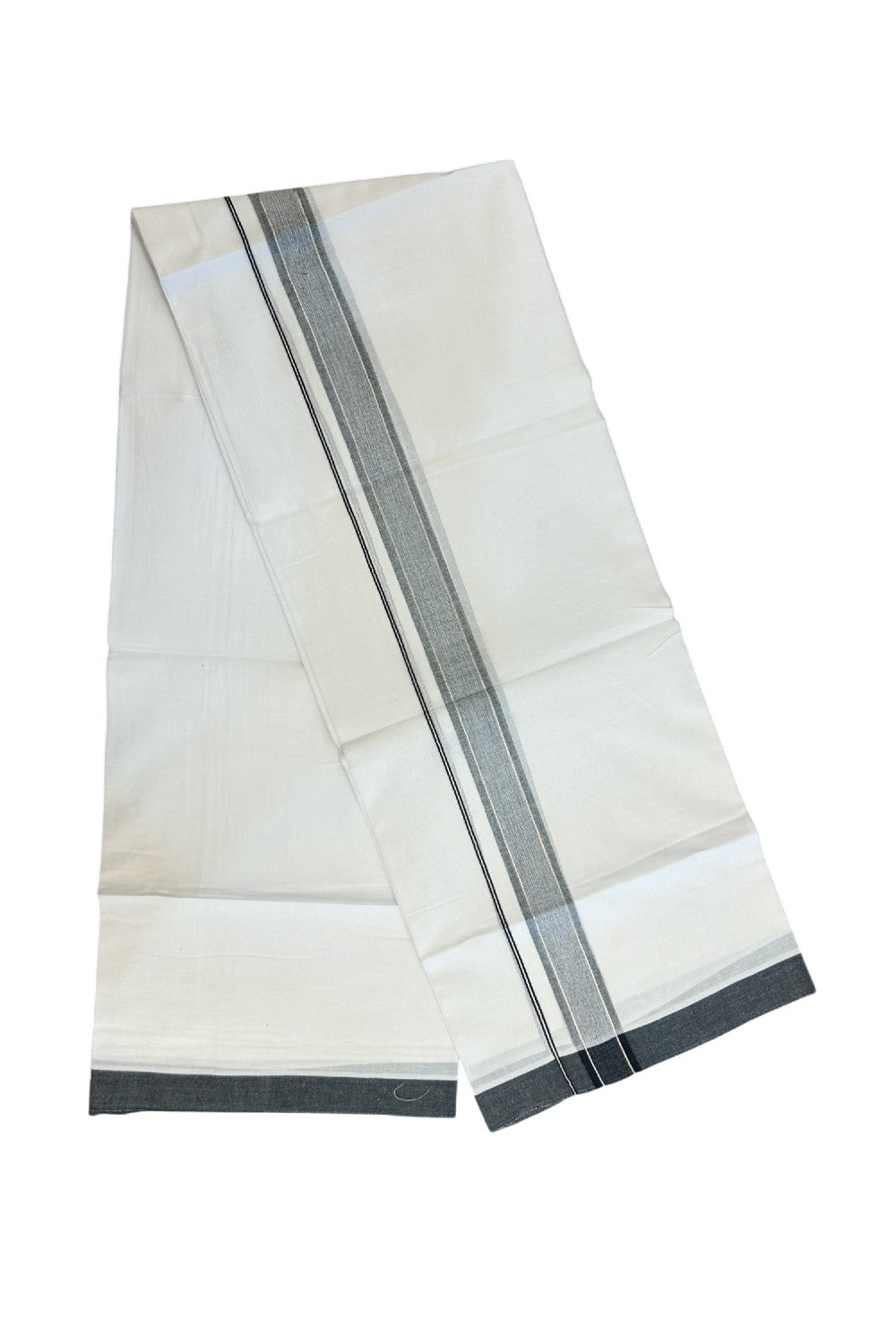 20% DISCOUNT! KaithariKada Balaramapuram 100% Cotton Double Pure white Mundu/Dhoti- 60s - 1.25 inch Silver Kasavu & Black Shaded Kara - 3.88mtr ( 8 muzham) - 50KK5227 PMC