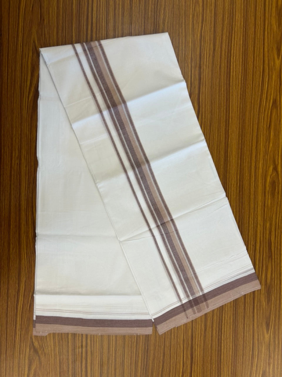 20% Discount ! NEW! KaithariKada Balaramapuram 100% Cotton Pure white Double Mundu/Dhoti - (100x80)s - 1.5 inch Brown Violet Stripes Kara - 50 KK5249 VIN