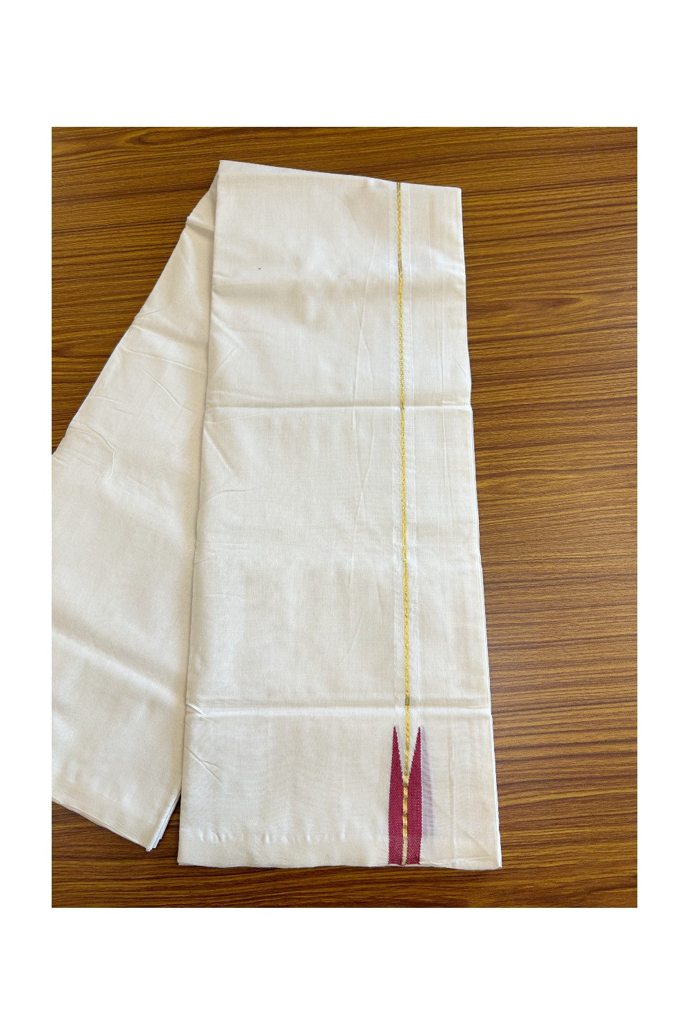 30% DISCOUNT!! KaithariKada HANDLOOM Unakkupaavu Balaramapuram - 100% PURE Cotton OFF White (Unbleached) Double Mundu/Dothi - Kasavu Wine red puliyilakkara chutty- 5KK203RAM