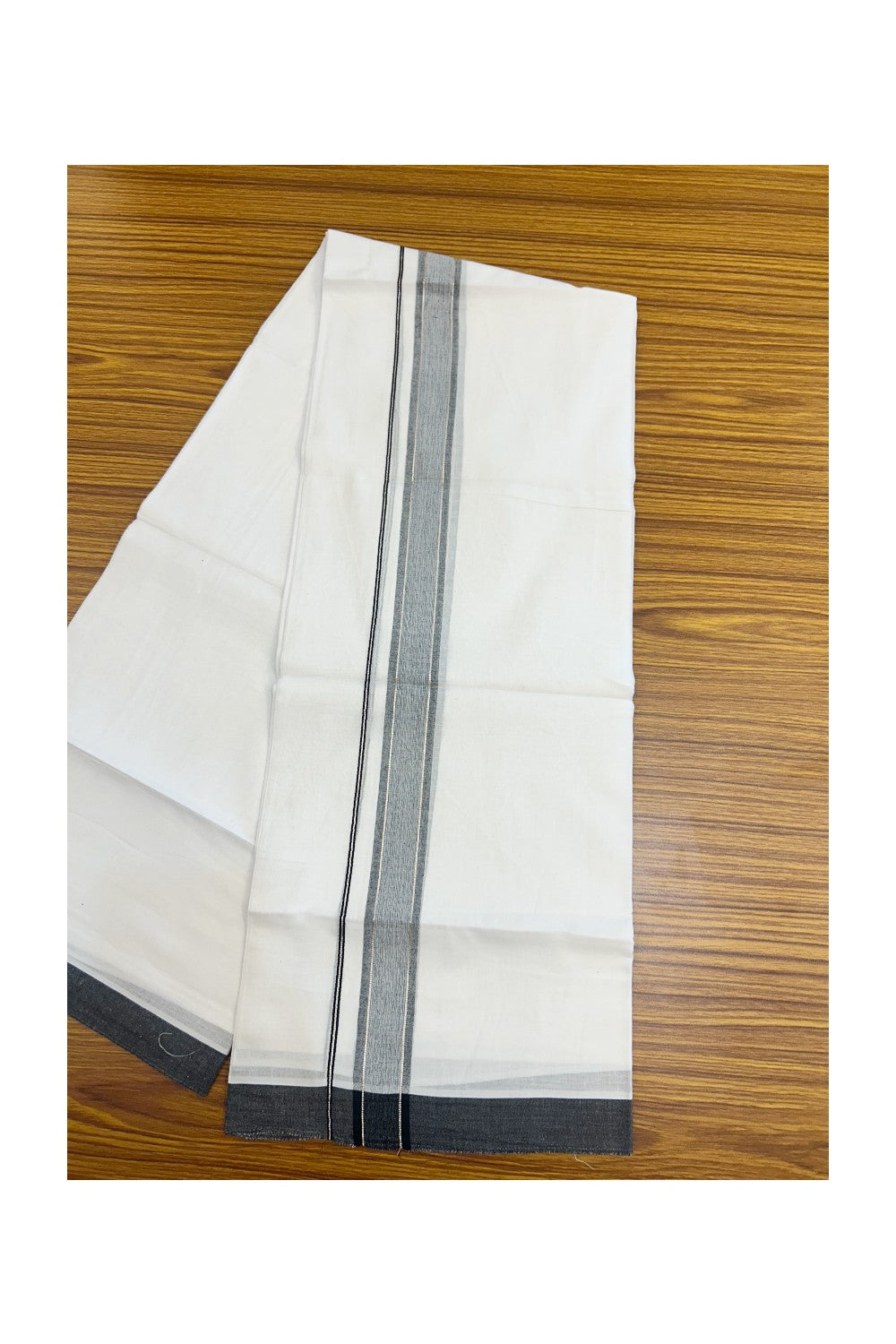20% DISCOUNT! KaithariKada Balaramapuram 100% Cotton Double Pure white Mundu/Dhoti- 60s - 1.25 inch Silver Kasavu & Black Shaded Kara - 3.88mtr ( 8 muzham) - 50KK5227 PMC
