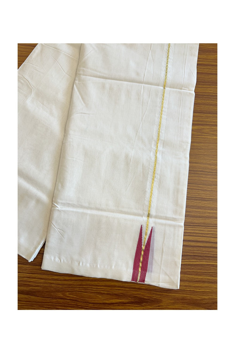 30% DISCOUNT!! KaithariKada HANDLOOM Unakkupaavu Balaramapuram - 100% PURE Cotton OFF White (Unbleached) Double Mundu/Dothi - Kasavu Wine red puliyilakkara chutty- 5KK203RAM