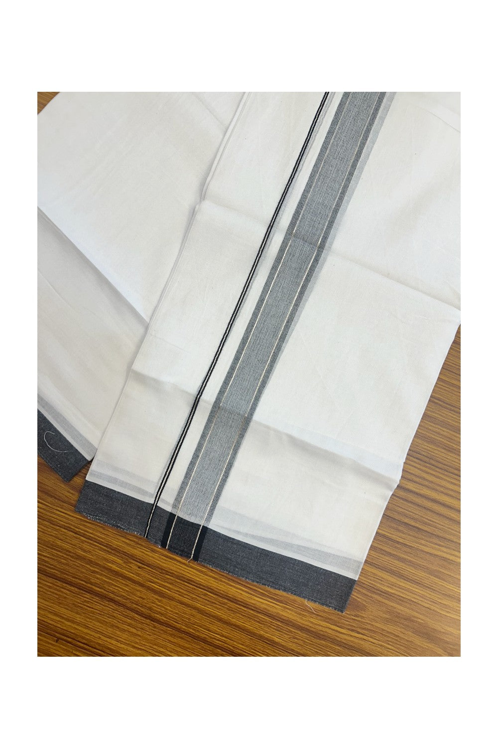 20% DISCOUNT! KaithariKada Balaramapuram 100% Cotton Double Pure white Mundu/Dhoti- 60s - 1.25 inch Silver Kasavu & Black Shaded Kara - 3.88mtr ( 8 muzham) - 50KK5227 PMC