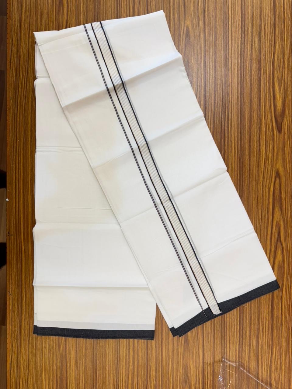 20% Discount ! Kaitharikada Balaramapuram 100% Cotton Pure White Double Mundu/Dothi - 100x80 - 0.75 inch Silver Kasav & Black Striped Kara 4 mtr (8.5 muzham) - 56 KK5255 VAS