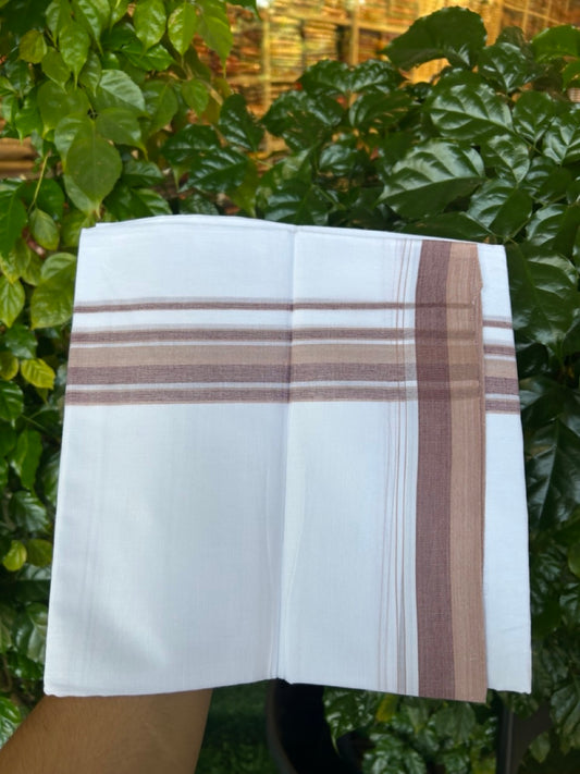 20% Discount ! NEW! KaithariKada Balaramapuram 100% Cotton Pure white Double Mundu/Dhoti - (100x80)s - 1.5 inch Brown Violet Stripes Kara - 51 KK5249 VIN