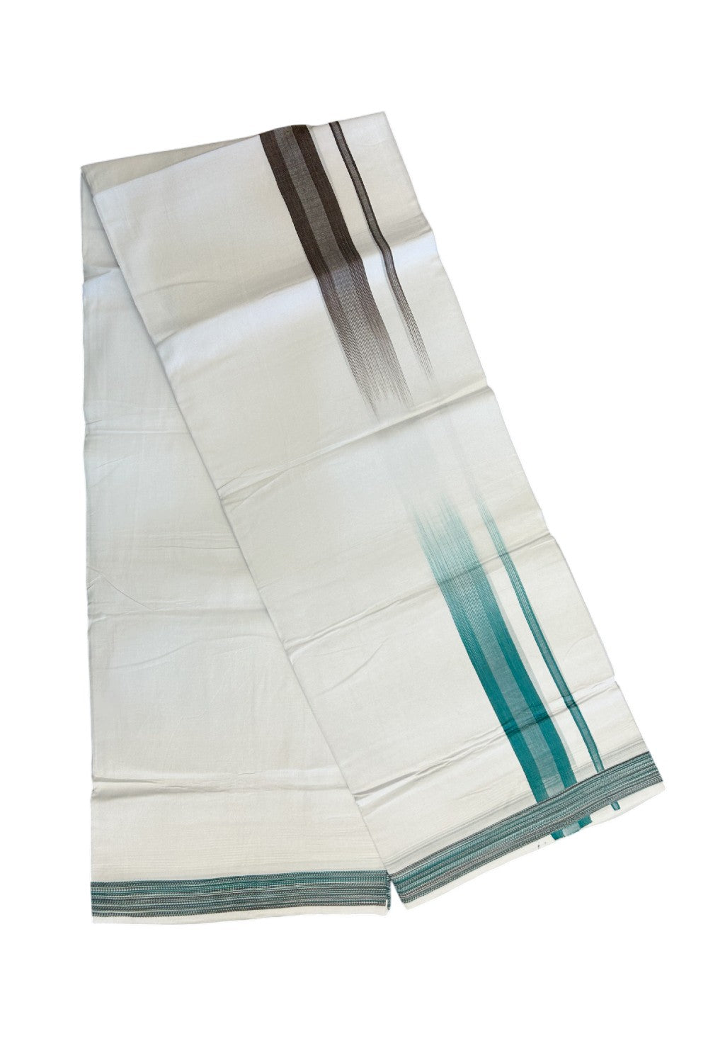 30% Discount!!! KaithariKada Balaramapuram Double PURE WHITE RAINBOW  Mundu/Dhoti - 100X80 - 1.5 inch Brown & Dark Green Striped Designer Kara - 49KK5139THI
