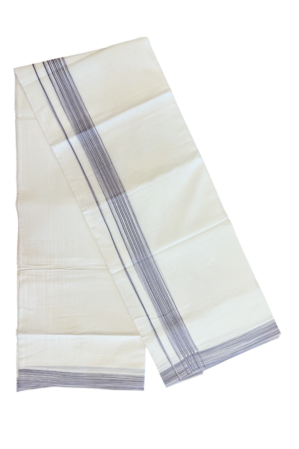 20% Discount ! Kaitharikada Balaramapuram 100% Cotton PURE WHITE Double Mundu/Dothi - 100x80 - 1.5 inch Ash Lavender Shaded Striped Design Kara - 51KK5182VAS