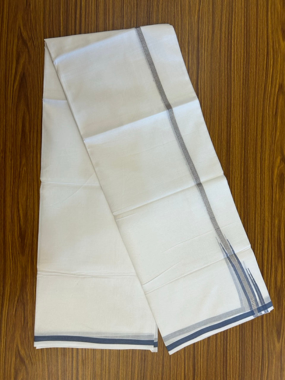 20% Discount ! NEW! KaithariKada Balaramapuram 100% Cotton Pure white Double Mundu/Dhoti - (100x80)s - 0.75 inch Pastel Navy Chutty Silver Kasav - 51 KK5252 CKS