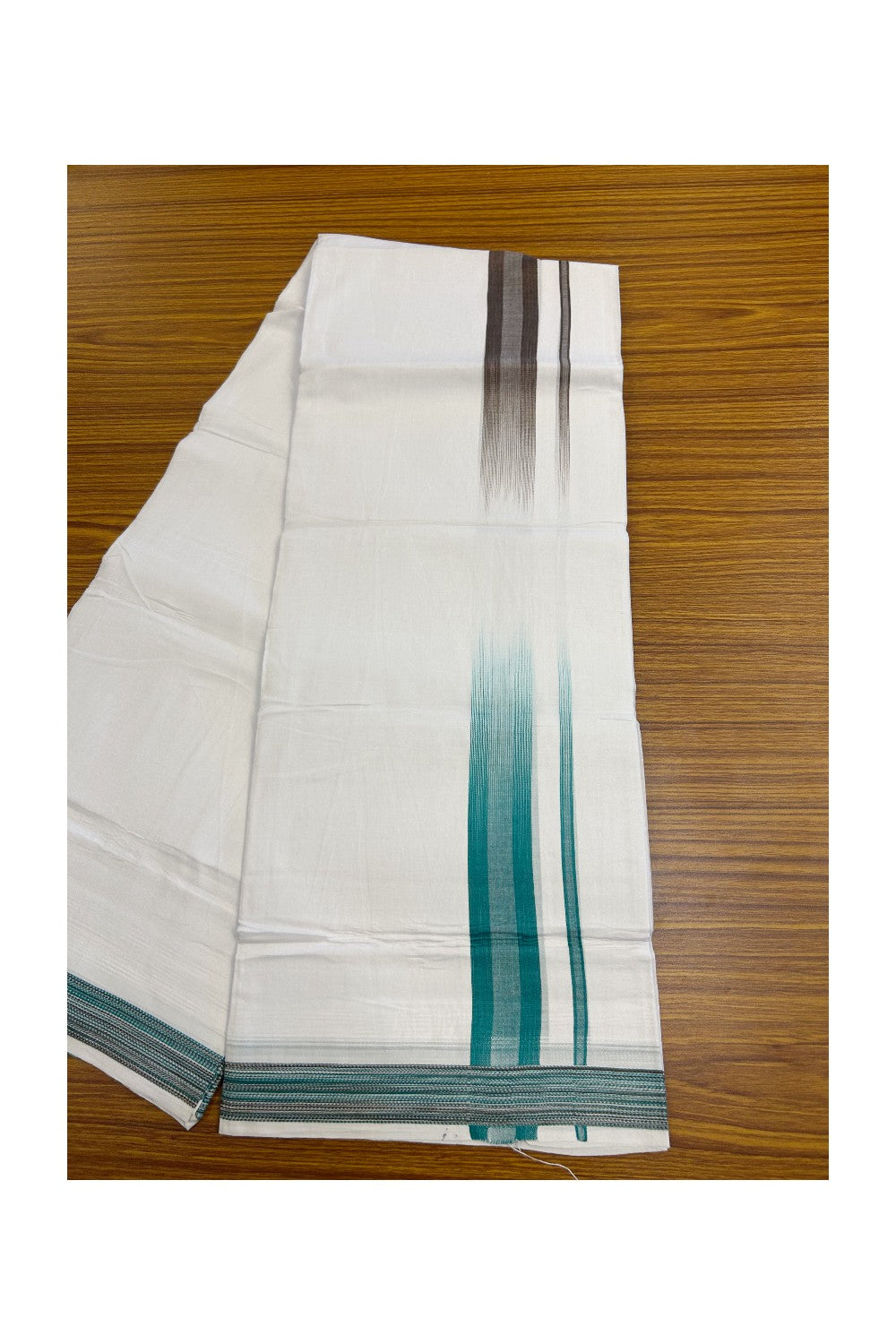30% Discount!!! KaithariKada Balaramapuram Double PURE WHITE RAINBOW  Mundu/Dhoti - 100X80 - 1.5 inch Brown & Dark Green Striped Designer Kara - 49KK5139THI