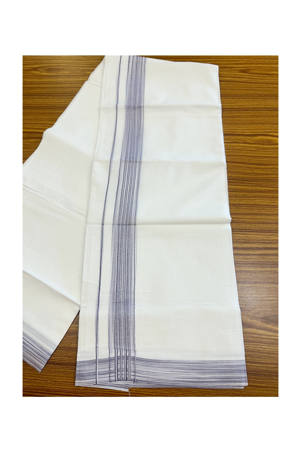 20% Discount ! Kaitharikada Balaramapuram 100% Cotton PURE WHITE Double Mundu/Dothi - 100x80 - 1.5 inch Ash Lavender Shaded Striped Design Kara - 51KK5182VAS