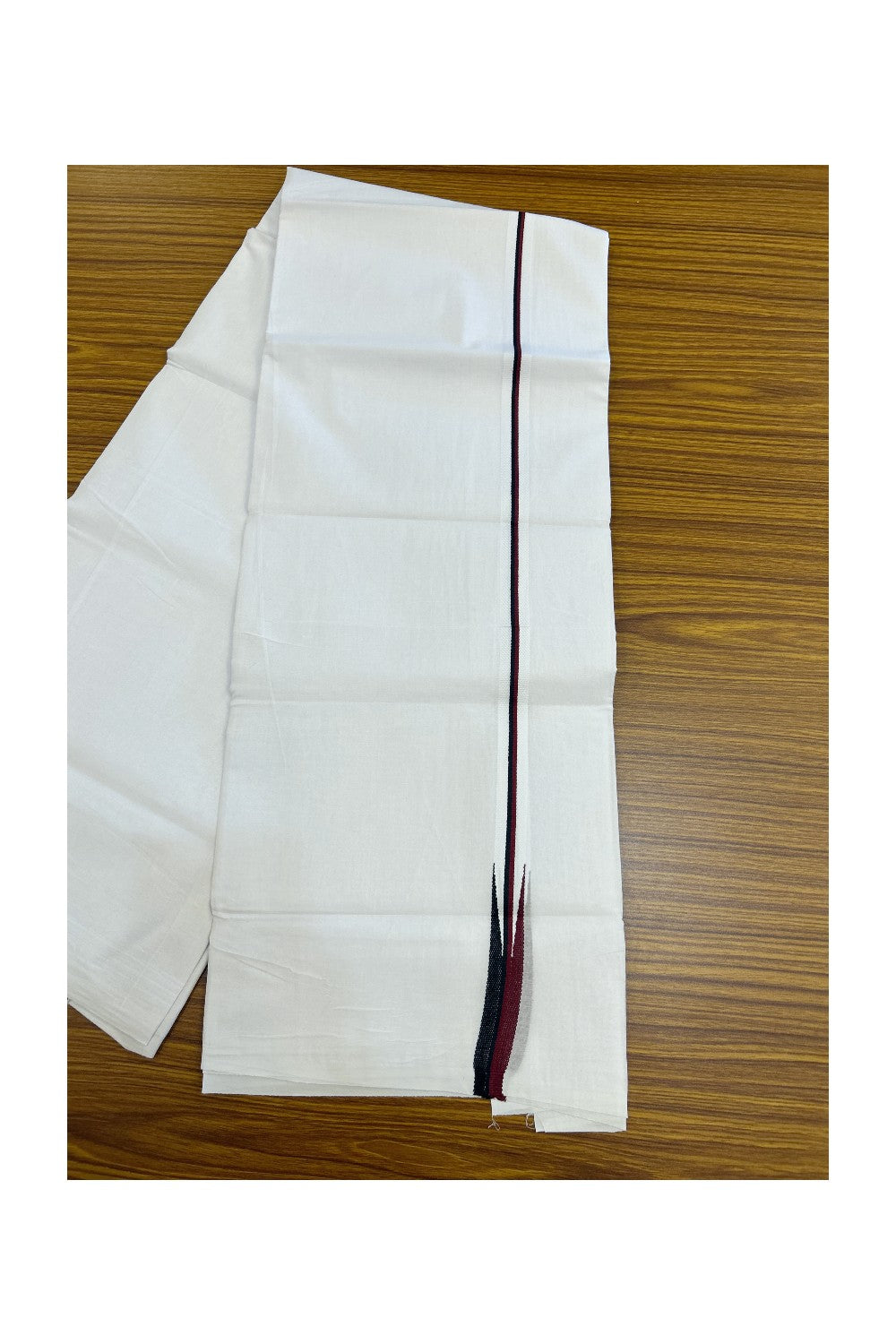 DMK Veshti - 20% DISCOUNT ! KaithariKada Balaramapuram 100% COTTON  Double PURE WHITE Mundu/Dhoti-100X100- 1 cm Puliyilakkara Maroon & Black Chutty - 23KK5043ASH