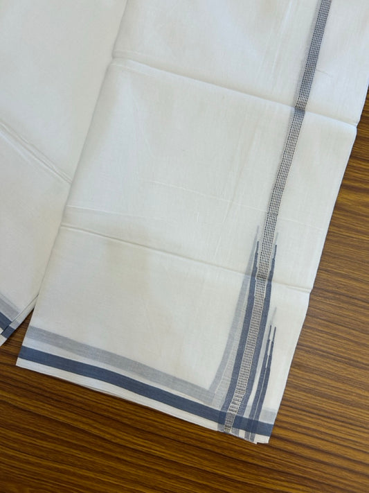 20% Discount ! NEW! KaithariKada Balaramapuram 100% Cotton Pure white Double Mundu/Dhoti - (100x80)s - 0.75 inch Pastel Navy Chutty Silver Kasav - 51 KK5252 CKS