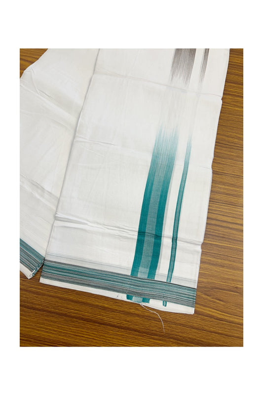 30% Discount!!! KaithariKada Balaramapuram Double PURE WHITE RAINBOW  Mundu/Dhoti - 100X80 - 1.5 inch Brown & Dark Green Striped Designer Kara - 49KK5139THI