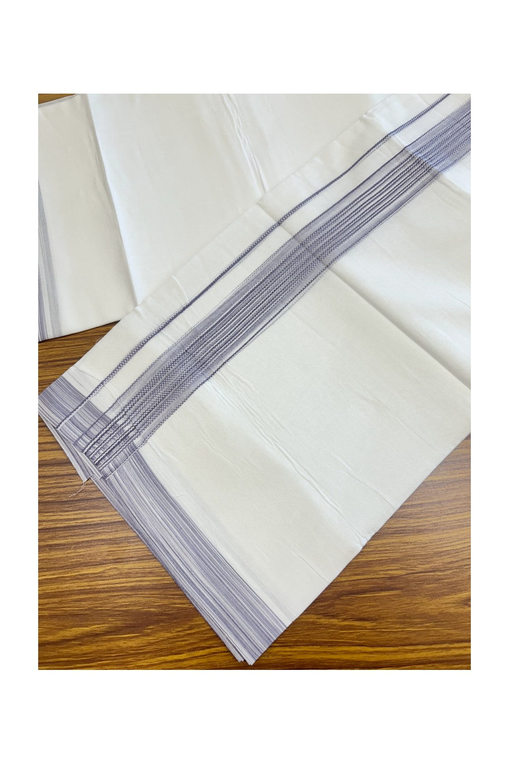 20% Discount ! Kaitharikada Balaramapuram 100% Cotton PURE WHITE Double Mundu/Dothi - 100x80 - 1.5 inch Ash Lavender Shaded Striped Design Kara - 51KK5182VAS