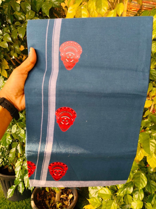 9% Discount !! Kaitharikada Pure Cotton - Single Kaily / Lungi - (40s) - 0.5 inch White kara Theyyam Printed Design with Dark Blue colour body (2 meter / 4 muzham) - 30 KK8028 GAN